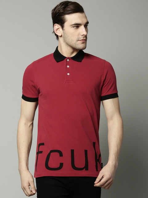 

French Connection Men Wine-Coloured Solid Polo Collar Pure Cotton T-shirt with Printed Detail, Burgundy
