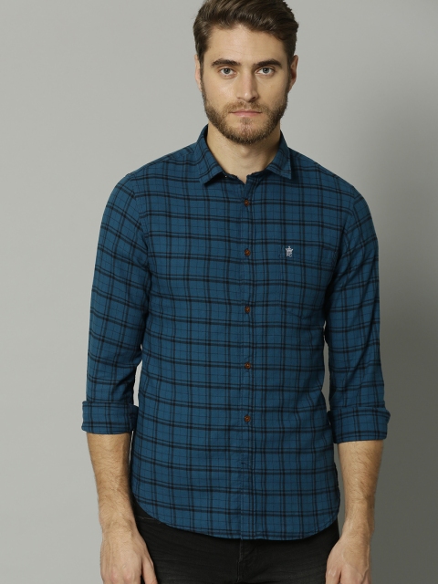 

French Connection Men Teal Blue & Black Slim Fit Checked Casual Shirt