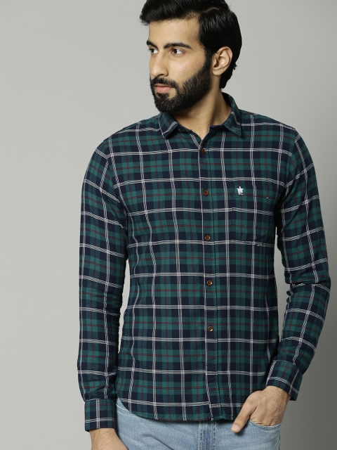 

French Connection Men Navy Blue & Green Regular Fit Checked Casual Shirt