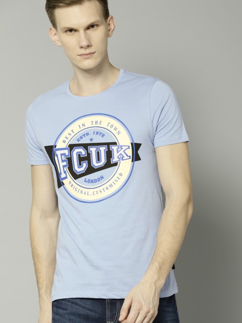 

French Connection Men Blue Printed Round Neck Pure Cotton T-shirt
