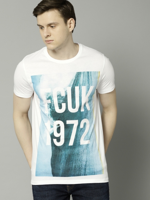 

French Connection Men White Blue Printed Round Neck Pure Cotton T-shirt