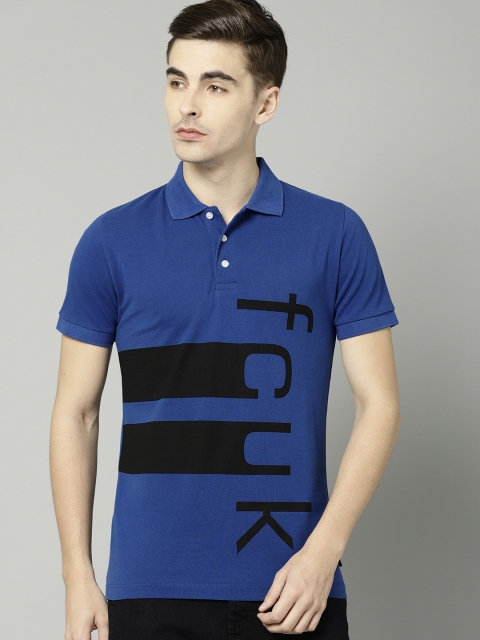 

French Connection Men Blue Printed Polo Collar T-shirt
