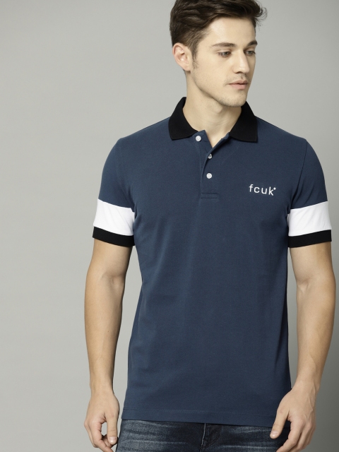 

French Connection Men Blue Solid Polo T-shirt