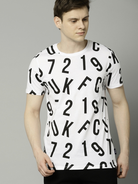 

French Connection Men White & Black Printed Round Neck T-shirt