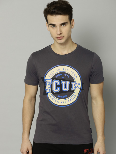 

French Connection Men Charcoal Grey Printed Round Neck Pure Cotton T-shirt