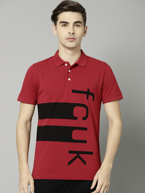 

French Connection Men Red Printed Polo Collar T-shirt