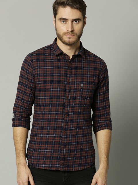 

French Connection Men Brown & Navy Blue Slim Fit Checked Casual Shirt