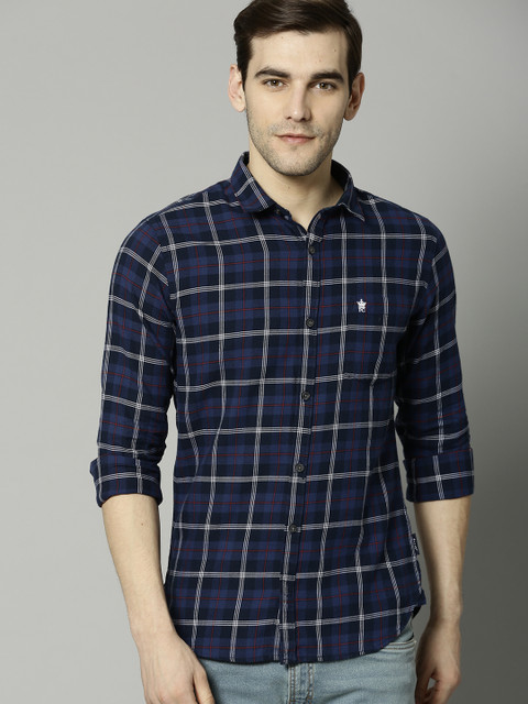 

French Connection Men Navy Blue & White Slim Fit Checked Casual Shirt