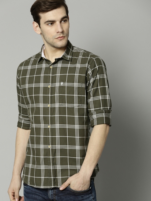 

French Connection Men Olive Green & White Slim Fit Checked Casual Shirt
