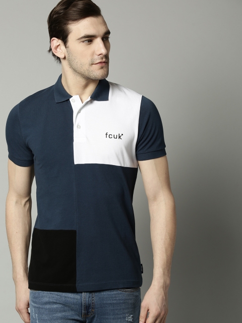 

French Connection Men Navy Blue White Colourblocked Polo Collar Pure Cotton T-shirt