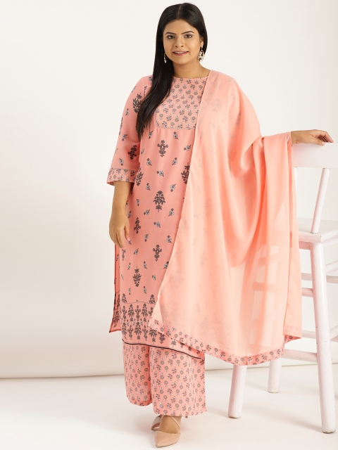 

Sztori Plus Size Women Peach-Coloured Grey Printed Kurta with Palazzos Dupatta
