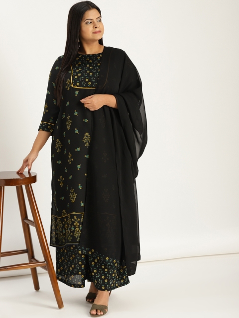 

Sztori Plus Size Women Black Yellow Printed Kurta with Palazzos Dupatta