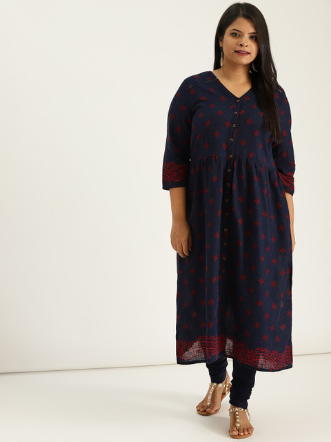 

Sztori Plus Size Women Navy Blue Red Printed Kurta with Churidar