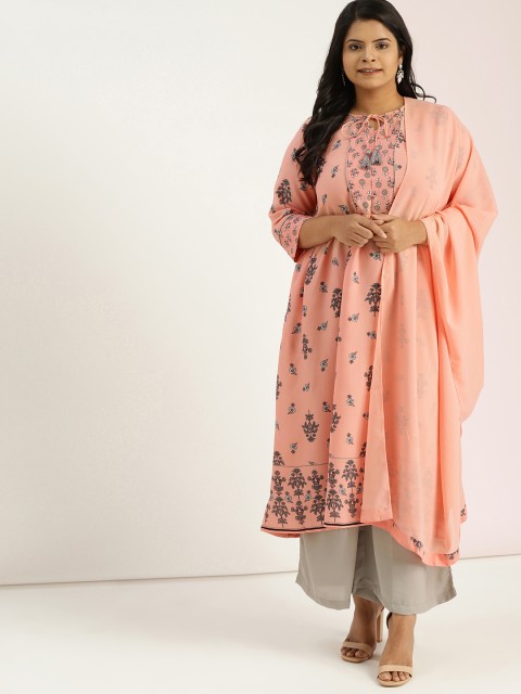 

Sztori Plus Size Women Peach-Coloured Grey Printed Kurta with Palazzos Dupatta