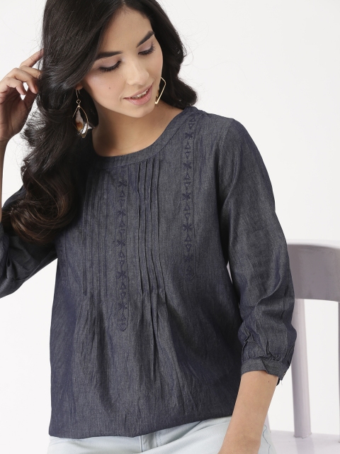

DressBerry Women Navy Blue Solid Chambray Top