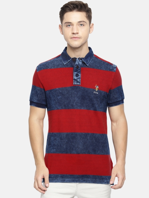 

U.S. Polo Assn. Denim Co. Men Red Navy Blue Striped Polo Collar Pure Cotton T-shirt