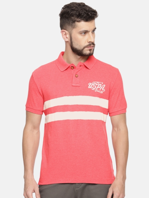 

U.S. Polo Assn. Denim Co. Men Coral Pink & White Striped Polo Collar T-shirt