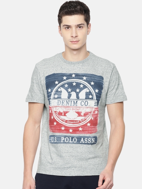 

U.S. Polo Assn. Denim Co. Men Grey Melange Solid Round Neck T-shirt