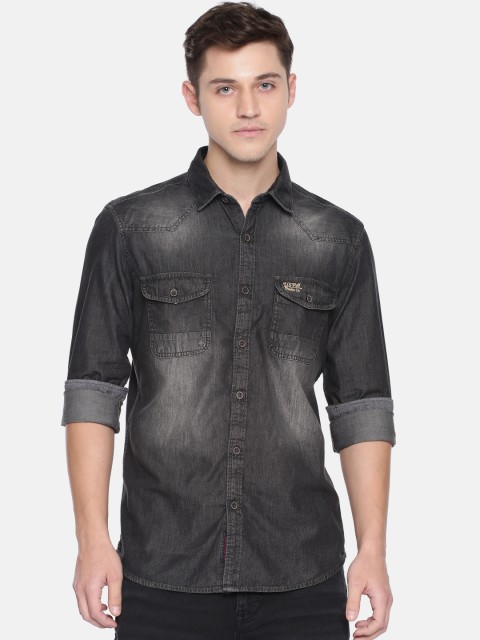 

U.S. Polo Assn. Denim Co. Men Charcoal Grey Slim Fit Faded Denim Casual Shirt