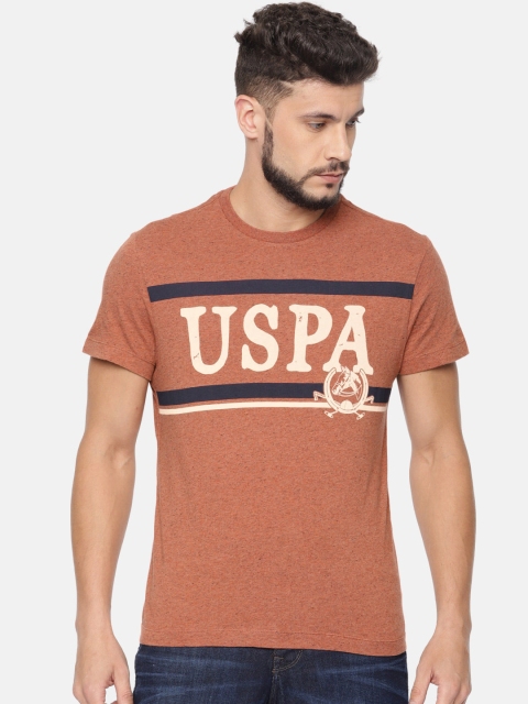 

U.S. Polo Assn. Denim Co. Men Rust Orange Printed Round Neck Pure Cotton T-shirt
