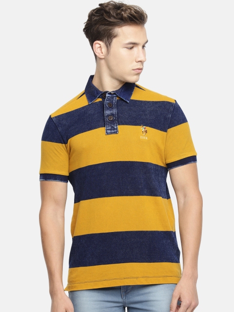 

U.S. Polo Assn. Denim Co. Men Mustard Yellow & Navy Blue Striped Polo Collar T-shirt