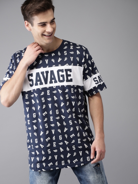 

Moda Rapido Men Navy Blue & White Printed Round Neck T-shirt
