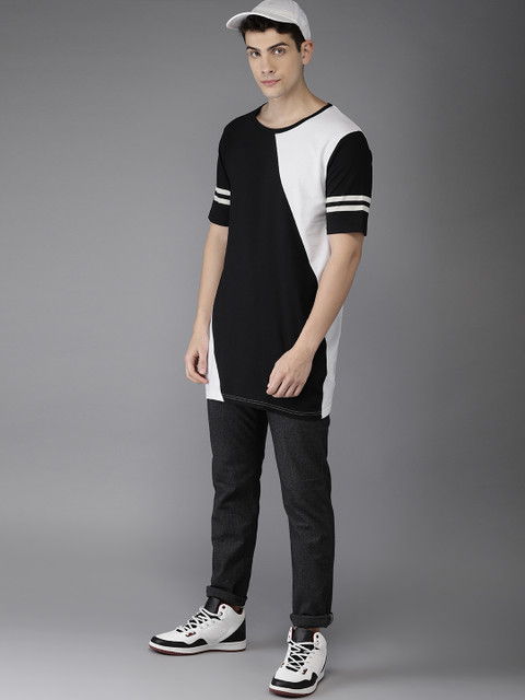 

Moda Rapido Men White & Black Colourblocked Round Neck Longline T-shirt
