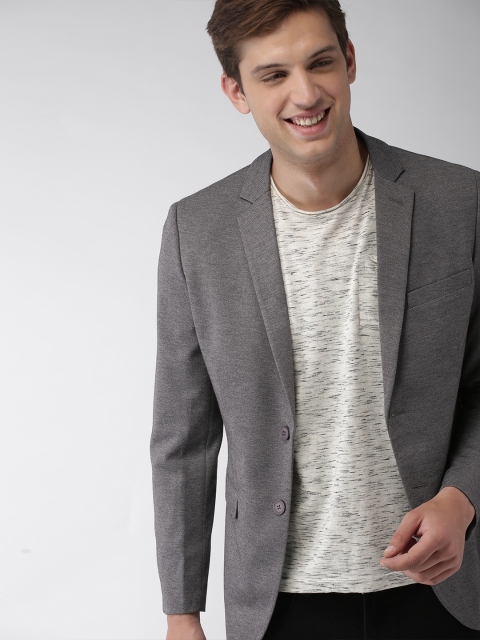 

Mast & Harbour Men Charcoal Grey Single-Breasted Knitted Blazer