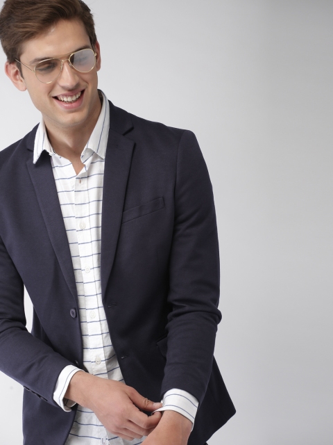 

Mast & Harbour Navy Blue Regular Fit Single-Breasted Knitted Casual Blazer
