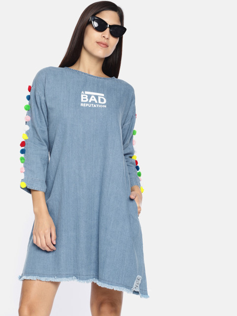 

Kook N Keech Women Solid Blue A-Line Denim Dress