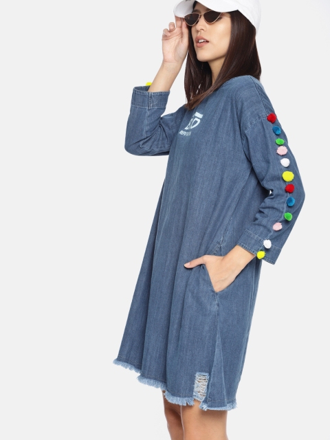 

Kook N Keech Women Solid Blue A-Line Denim Dress