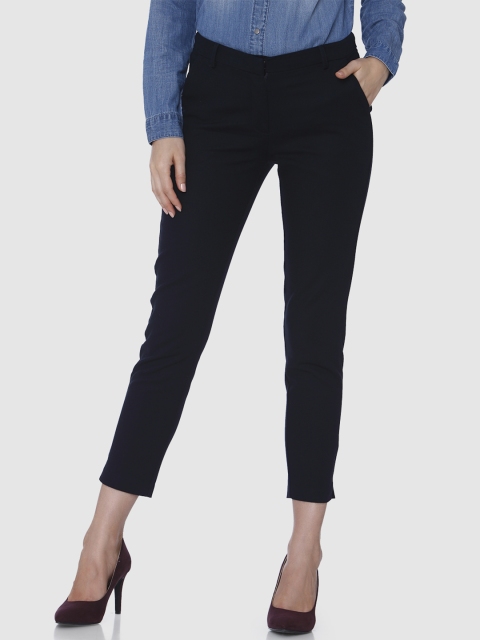 

Vero Moda Women Navy Blue Straight Fit Solid Smart Casual Cropped Regular Trousers