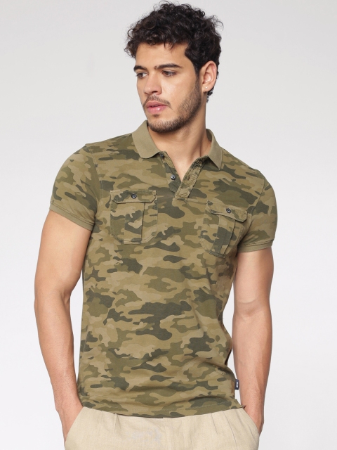 

Jack & Jones Men Olive Green Printed Slim Fit Polo Collar T-shirt