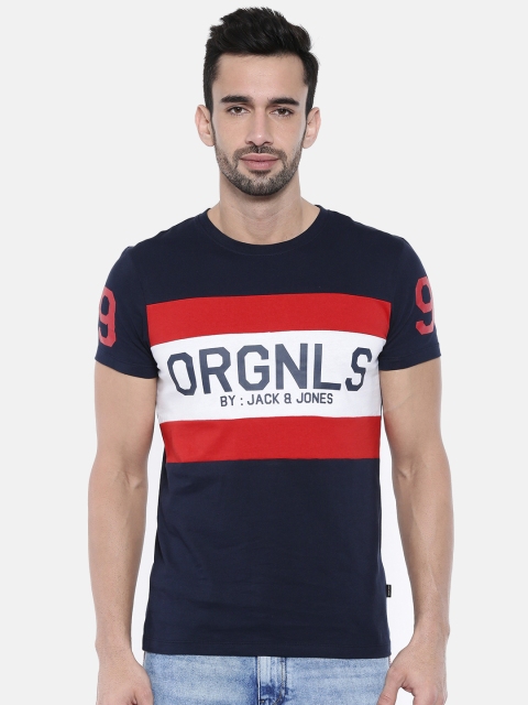 

Jack Jones Men Navy Blue Red Printed Round Neck Pure Cotton T-shirt