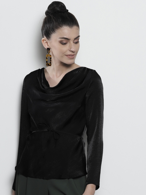 

DOROTHY PERKINS Women Black Solid Cinched Waist Top with Sheen Effect
