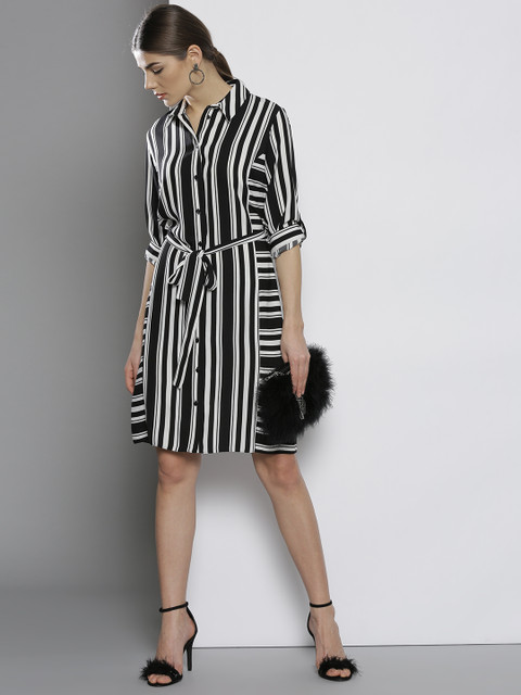 

DOROTHY PERKINS Women Black & White Striped Shirt Dress
