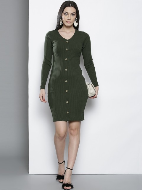 

DOROTHY PERKINS Women Olive Green Self Striped Bodycon Dress