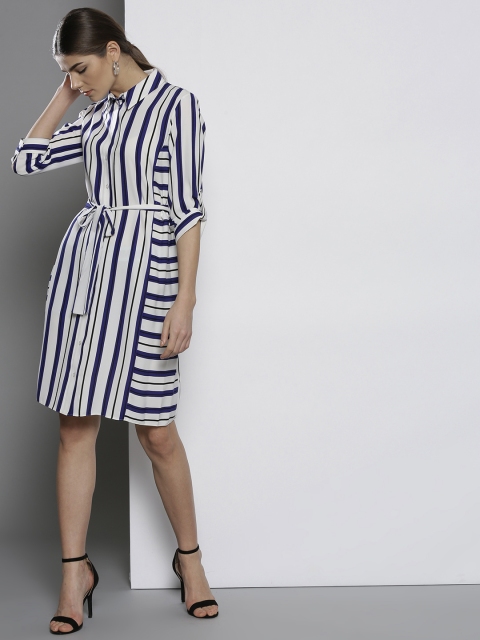 

DOROTHY PERKINS Women White & Blue Striped Shirt Dress