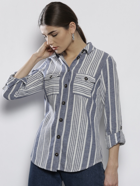 

DOROTHY PERKINS Women Navy Blue & White Regular Fit Striped Casual Shirt