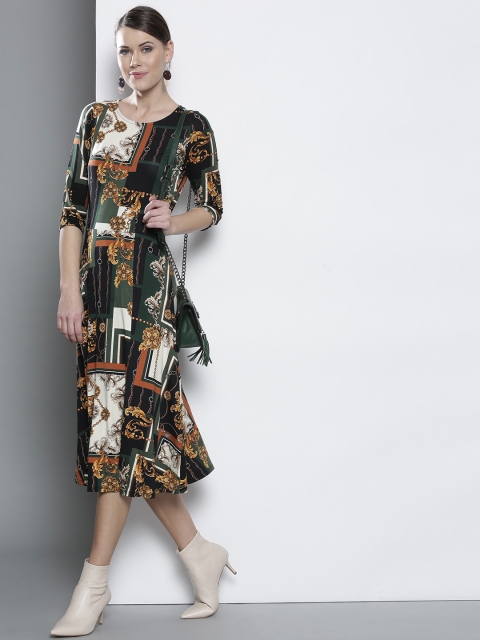

DOROTHY PERKINS Women Black& Green Printed A-Line Dress