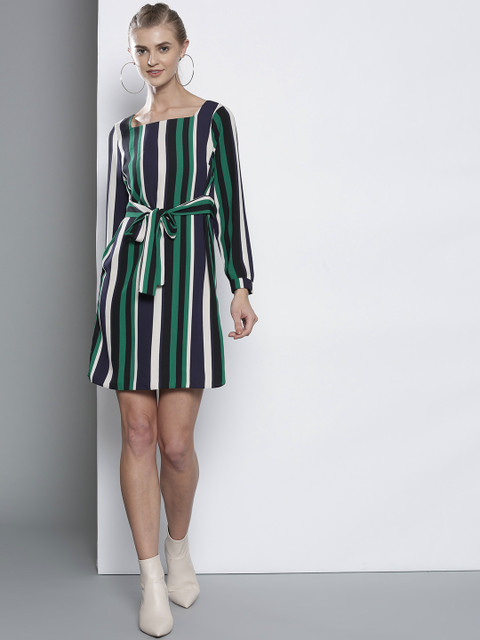 

DOROTHY PERKINS Women Petite Black & Green Striped A-Line Dress