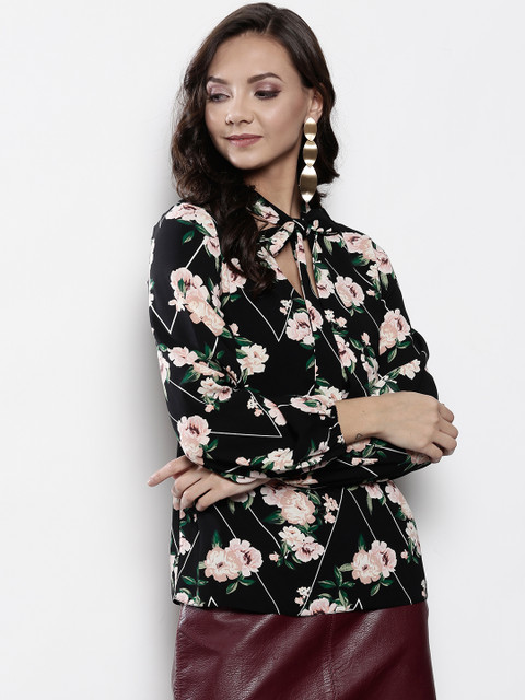 

DOROTHY PERKINS Women Black & Peach-Coloured Printed Top
