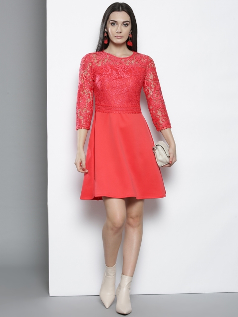 

DOROTHY PERKINS Women Coral Red Solid Fit and Flare Dress