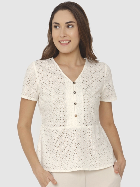 

Vero Moda Women Cream-Coloured Self Design Sheer Empire Top