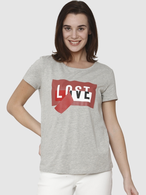 

Vero Moda Women Grey Melange Printed Round Neck T-shirt