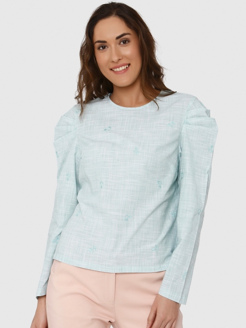 

Vero Moda Women Sea Green Solid Pure Cotton Top