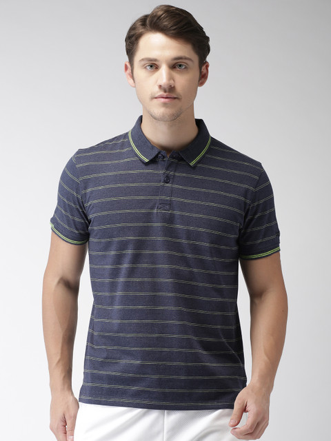 

Kappa Men Navy Blue & Fluorescent Green Striped Polo Collar T-shirt