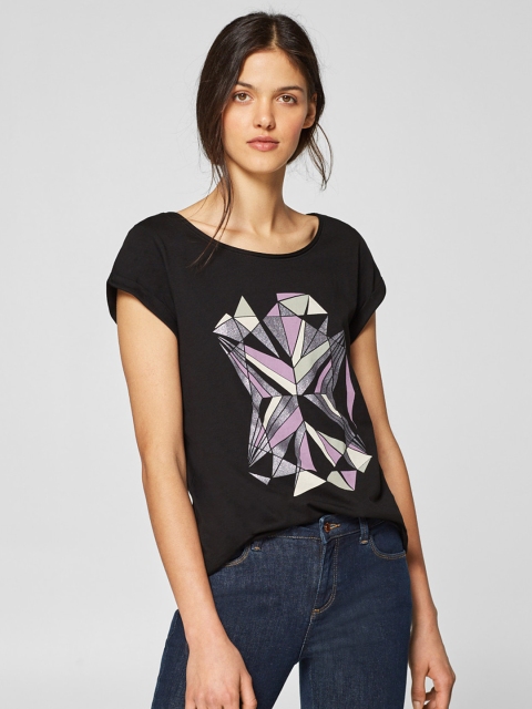 

ESPRIT Women Black Printed Round Neck T-shirt