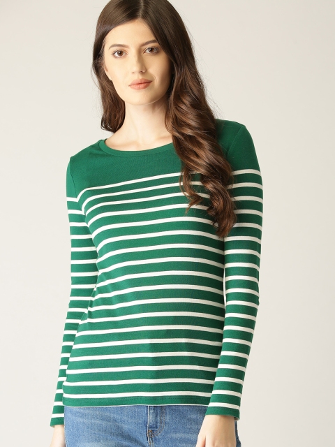 

ESPRIT Women Green & White Striped Round Neck T-shirt