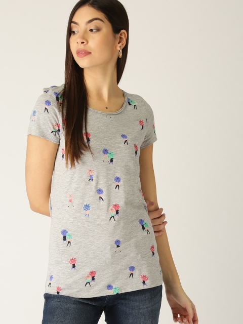 

ESPRIT Women Grey Melange Printed Round Neck T-shirt